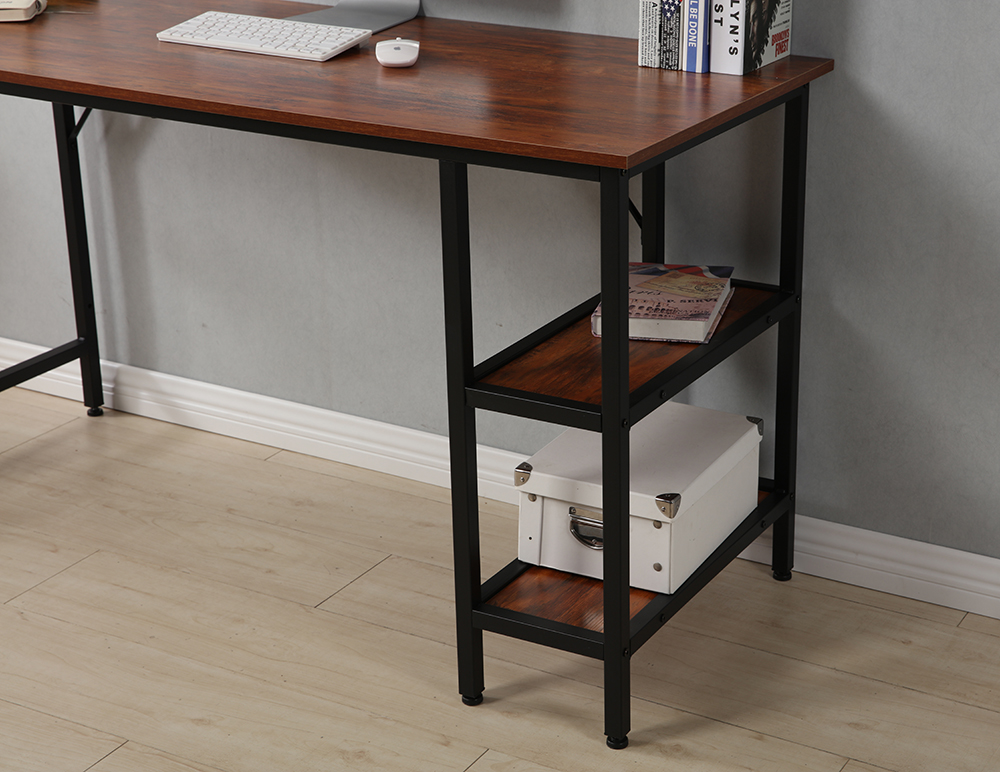 55" Home Office Computer Desk with Open Storage Shelves, Wooden Tabletop and Metal Frame - Brown