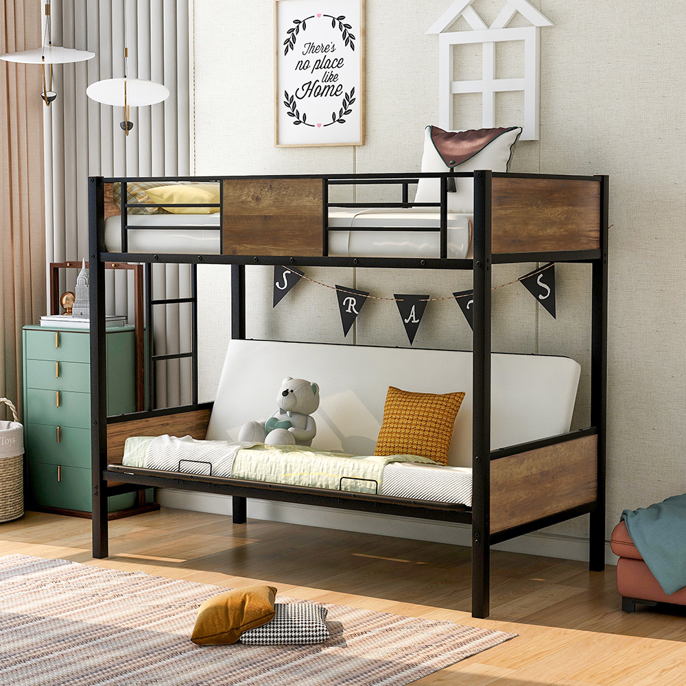 Twin-Over-Futon Size Bunk Bed Frame with Ladder, and Metal Slats Support, No Spring Box Required (Frame Only) - Black