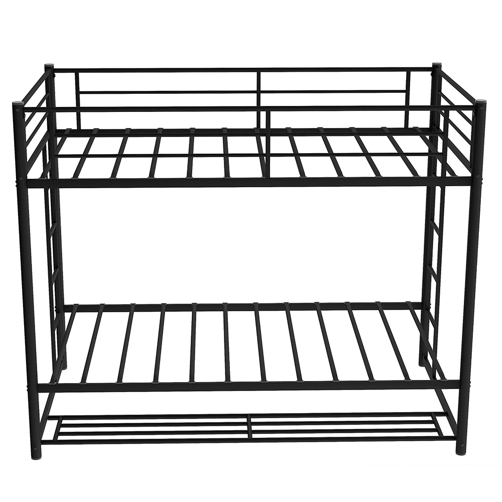 Twin-Over-Twin Size Metal Bunk Bed Frame with Ladder and Storage Bottom Shelf, No Spring Box Required (Frame Only) - Black