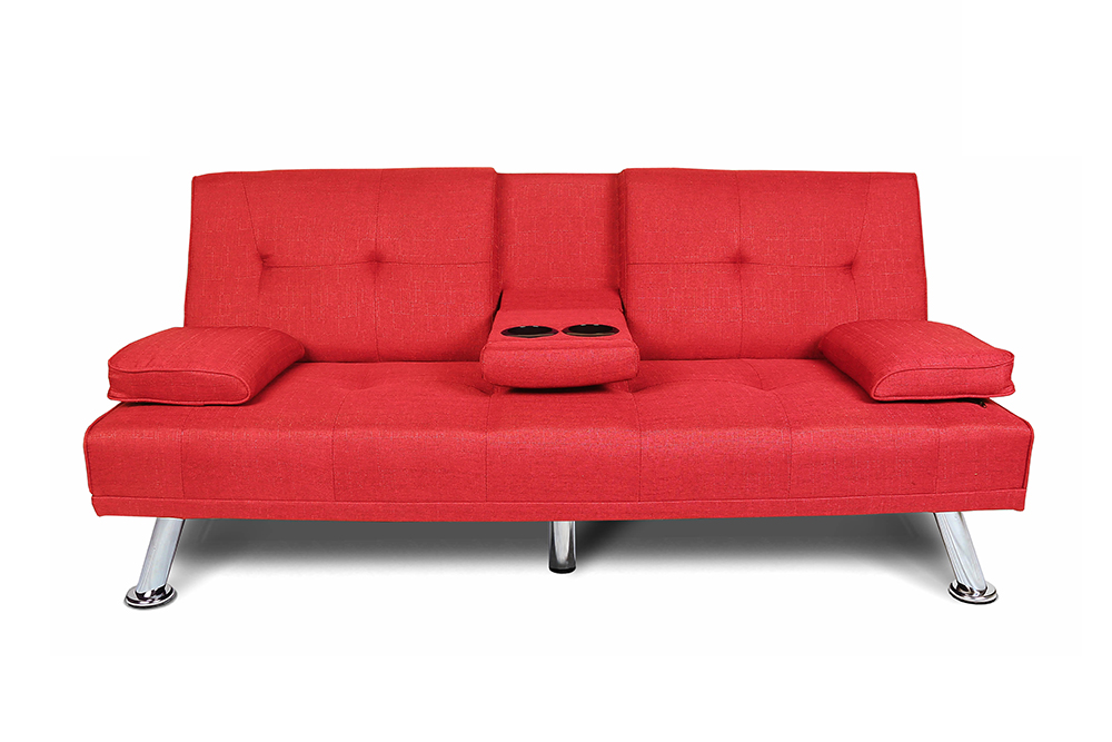 66" Linen Blend Upholstered Sofa Bed, with 2 Cup Holders, Adjustable Backrest and Solid Wood Frame, for Living Room, Bedroom, Office, Apartment - Red