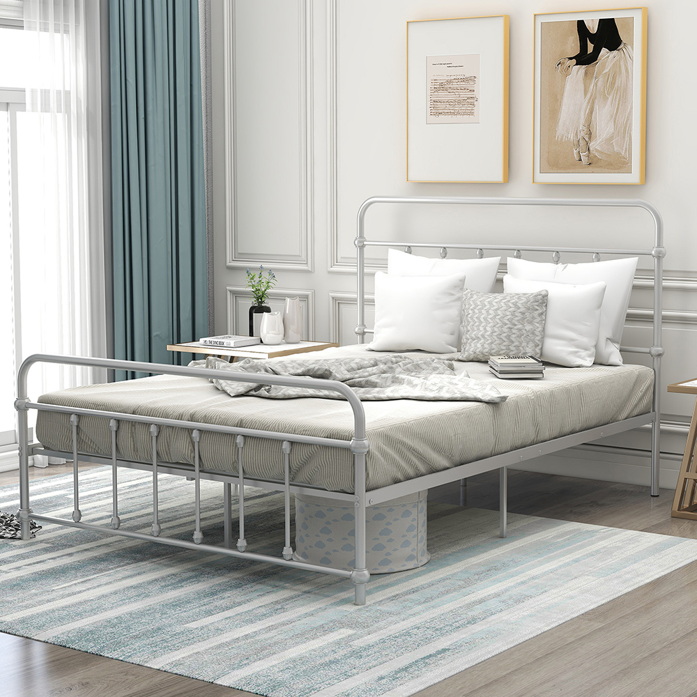 Full Size Metal Platform Bed Frame with Headboard, Footboard, and Iron Slats Support, No Spring Box Required (Frame Only) - Silver