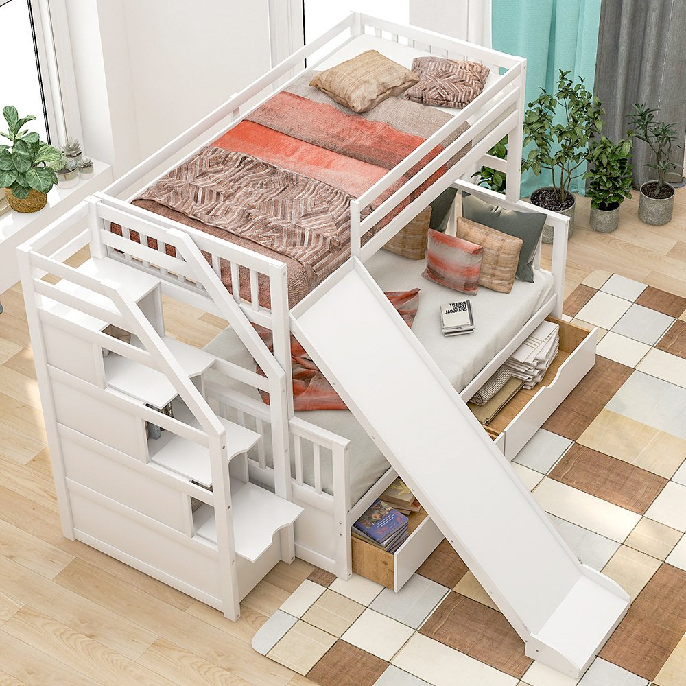 Twin-Over-Full Size Bunk Bed Frame with 2 Drawers, Storage Stairs, and Wooden Slats Support, No Spring Box Required (Frame Only) - White