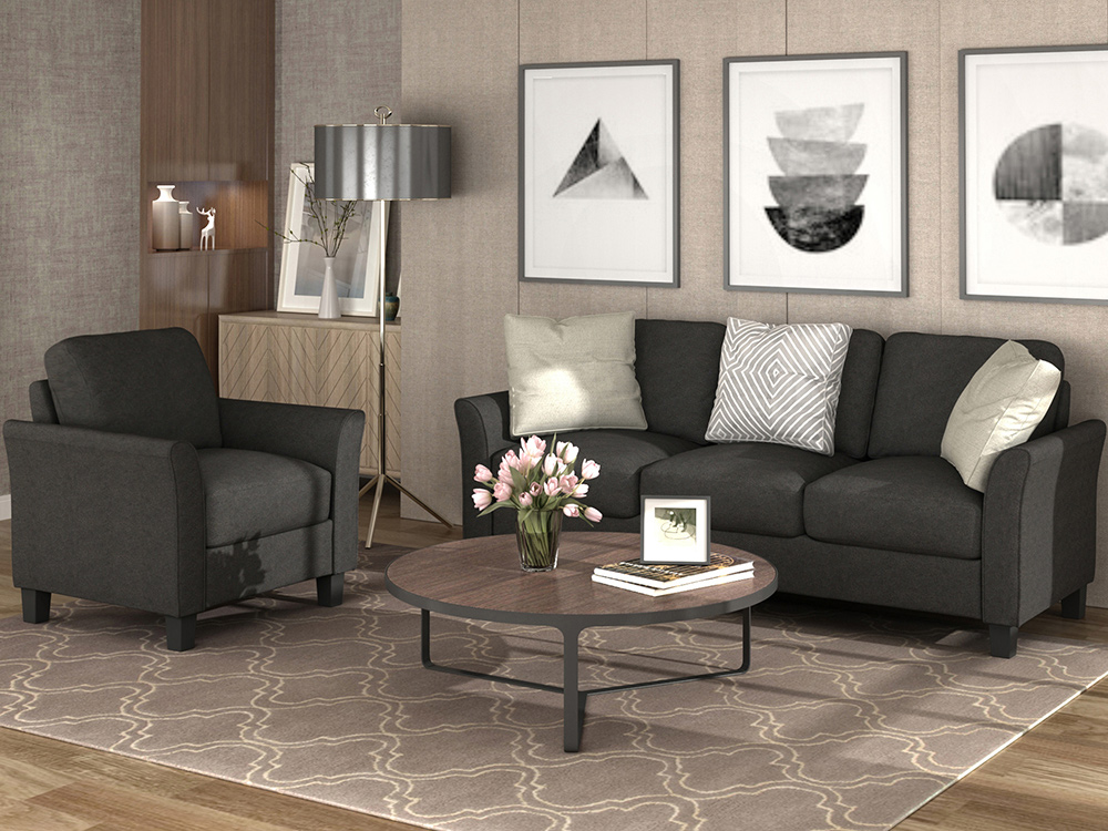 1+3-Seat Linen Upholstered Sofa with Wooden Frame, for Living Room, Bedroom, Office, Apartment - Black