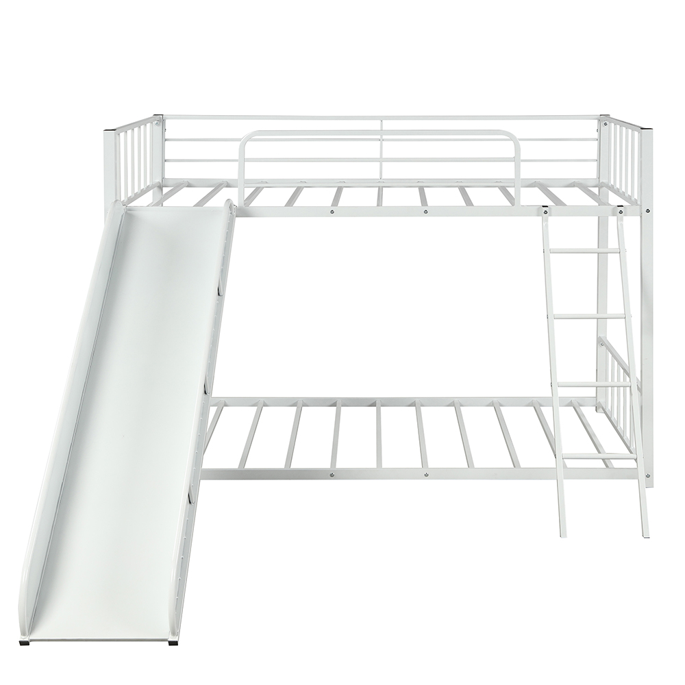Twin-Over-Twin Size Bunk Bed Frame with Slide, and Metal Slats Support, No Spring Box Required (Frame Only) - White