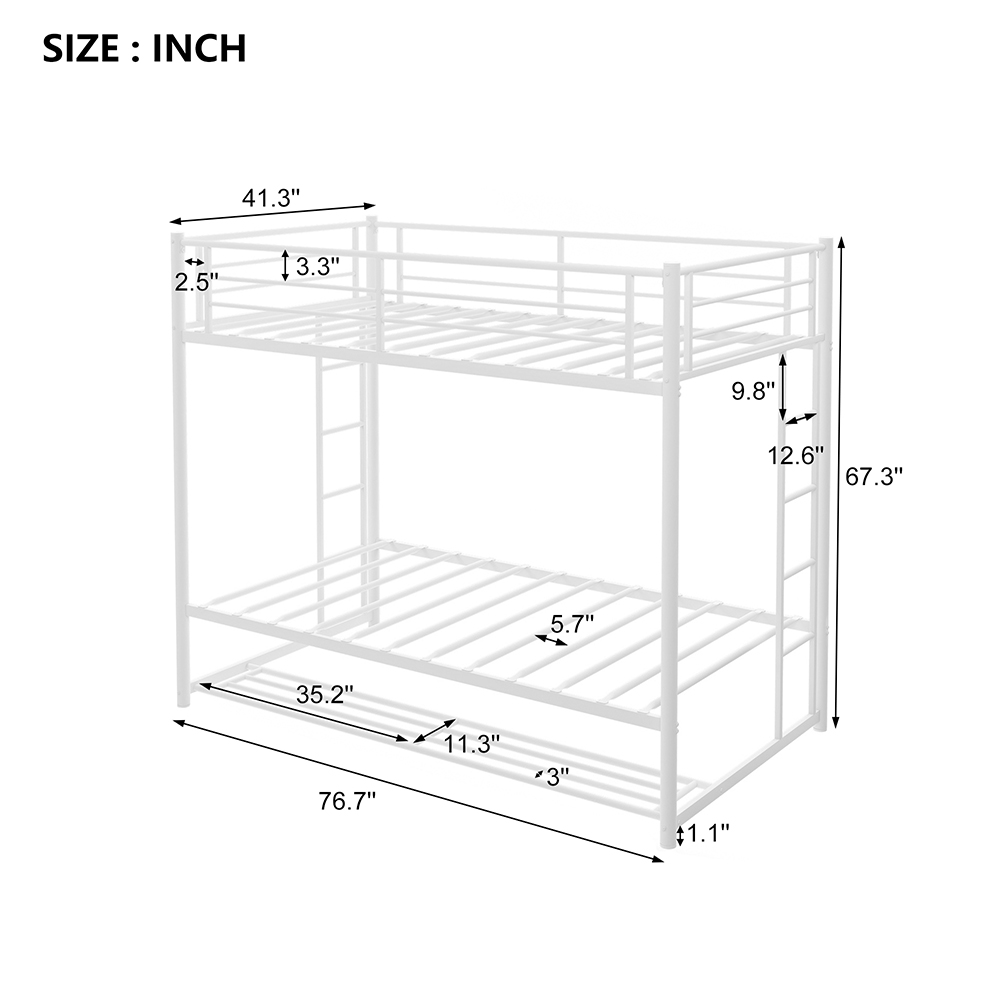 Twin-Over-Twin Size Metal Bunk Bed Frame with Ladder and Storage Bottom Shelf, No Spring Box Required (Frame Only) - White