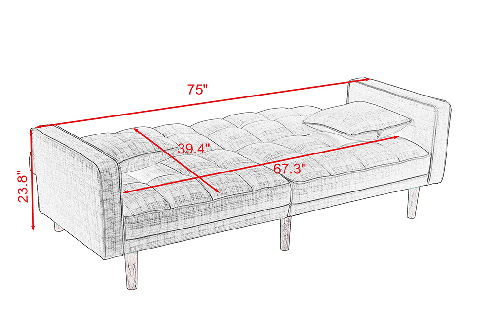 75" 2-Seat Linen Fabric Upholstered Sofa Bed, with Adjustable Backrest and Solid Wood Frame, for Living Room, Bedroom, Office, Apartment - Yellow