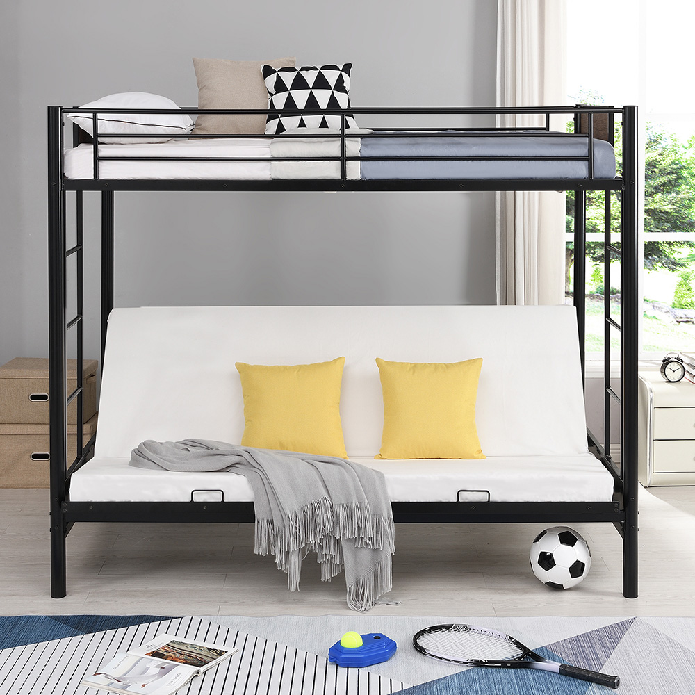 Twin-Over-Full Size Rustic Style Bunk Bed Frame with Ladder, and Metal Slats Support, No Spring Box Required (Frame Only) - Black