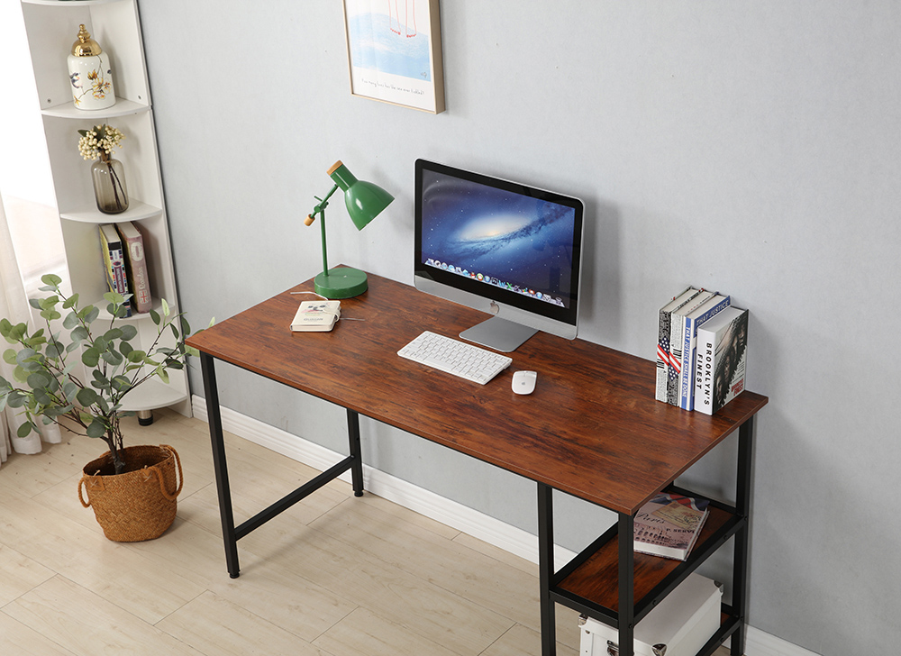 55" Home Office Computer Desk with Open Storage Shelves, Wooden Tabletop and Metal Frame - Brown