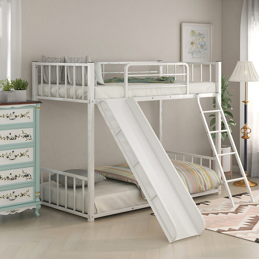 Twin-Over-Twin Size Bunk Bed Frame with Slide, and Metal Slats Support, No Spring Box Required (Frame Only) - White