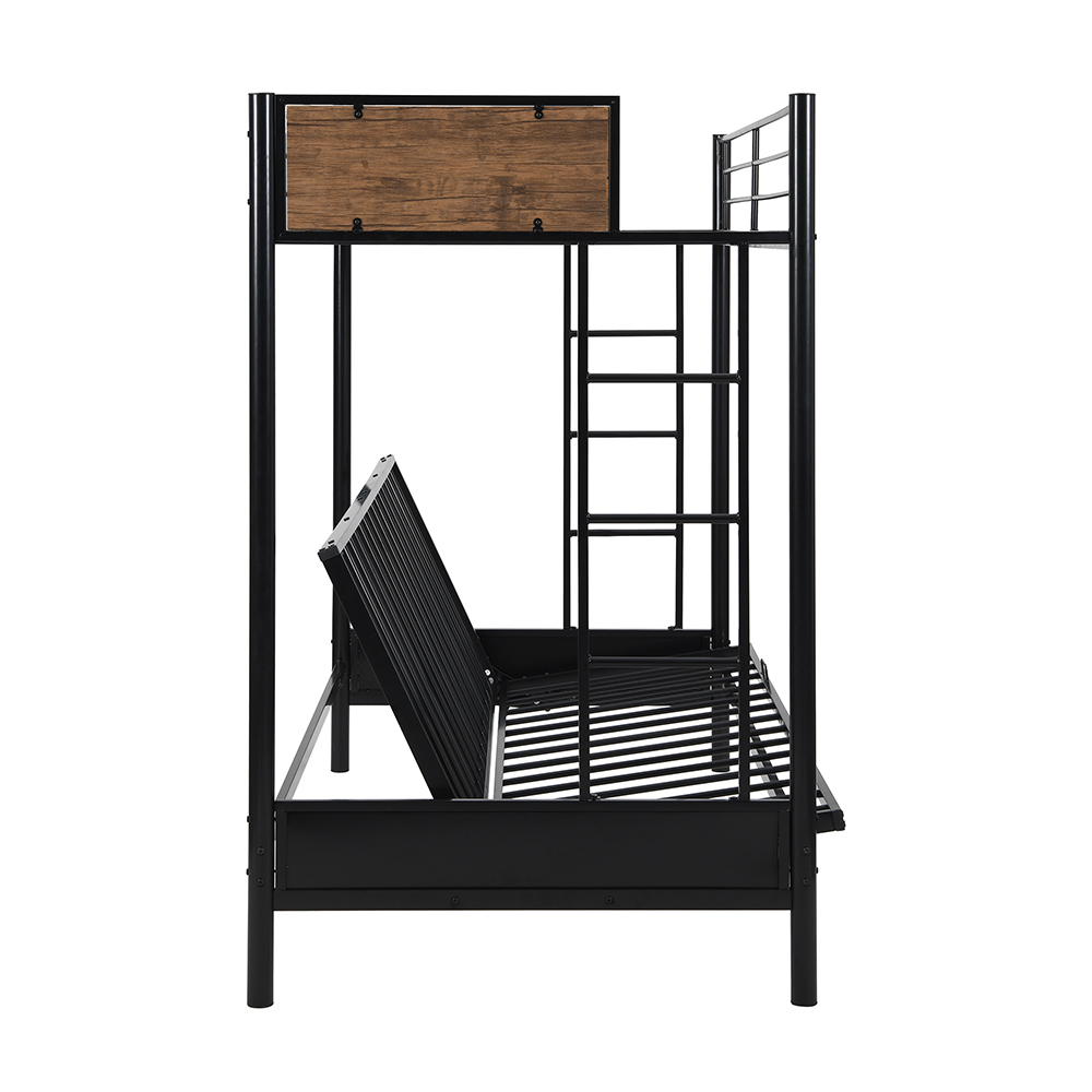 Twin-Over-Full Size Rustic Style Bunk Bed Frame with Ladder, and Metal Slats Support, No Spring Box Required (Frame Only) - Black