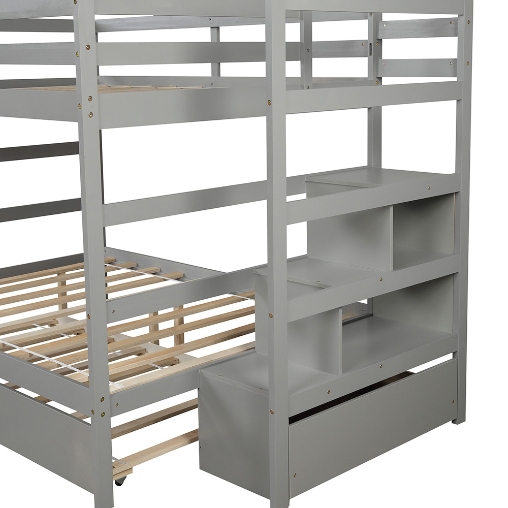 Full-Over-Full Size Wooden Bunk Bed Frame with Trundle Bed, and Storage Stairs, No Spring Box Required (Frame Only) - Gray