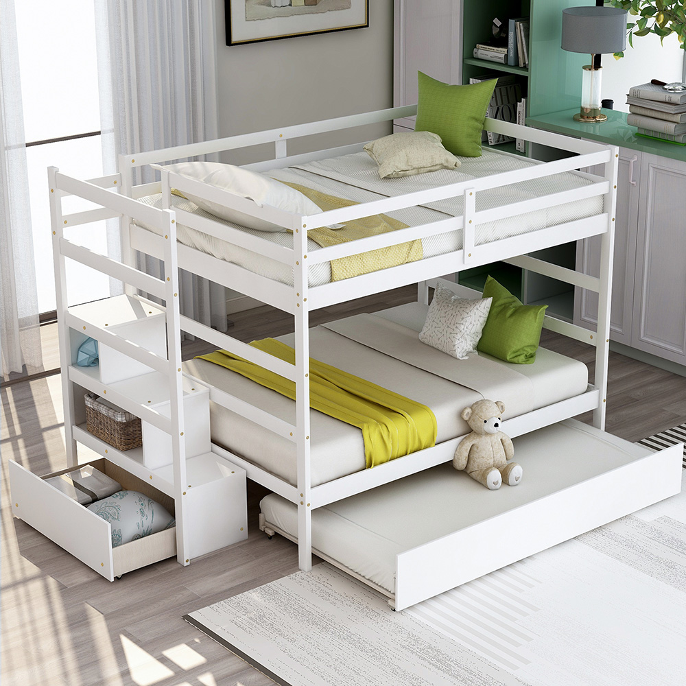 Full-Over-Full Size Wooden Bunk Bed Frame with Trundle Bed, and Storage Stairs, No Spring Box Required (Frame Only) - White