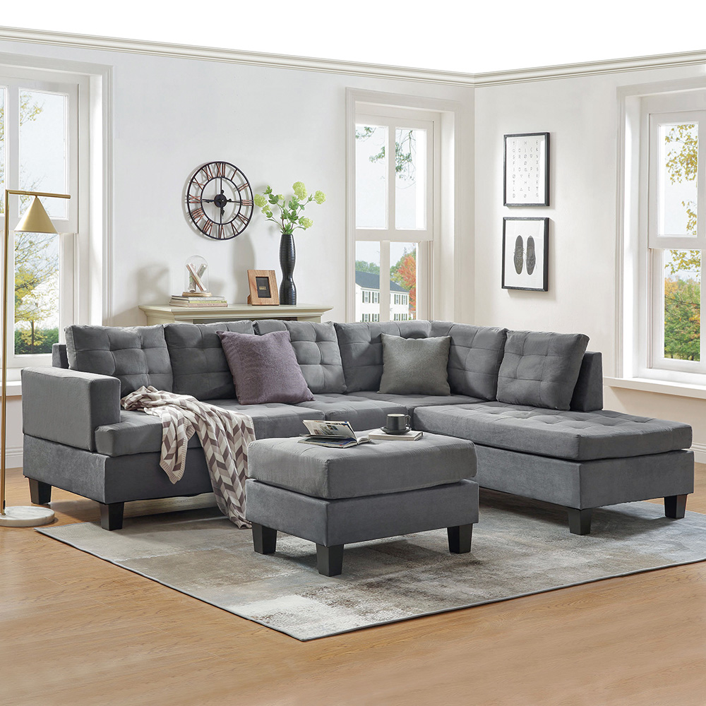 U-STYLE 5-Seat Microfiber Upholstered Sectional Sofa with Storage Ottoman and Wooden Frame, for Living Room, Bedroom, Office, Apartment - Gray