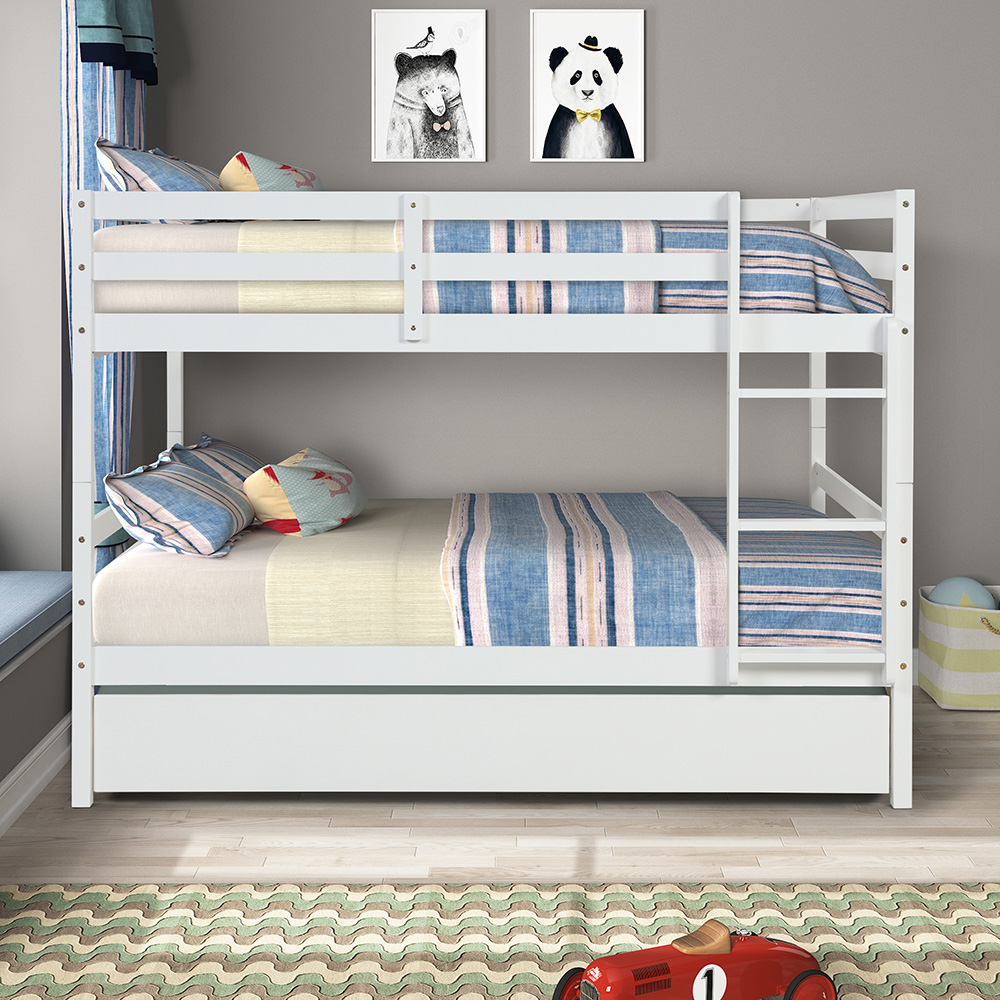Full-Over-Full Size Bunk Bed Frame with Trundle Bed, and Wooden Slats Support, No Spring Box Required (Frame Only) - White