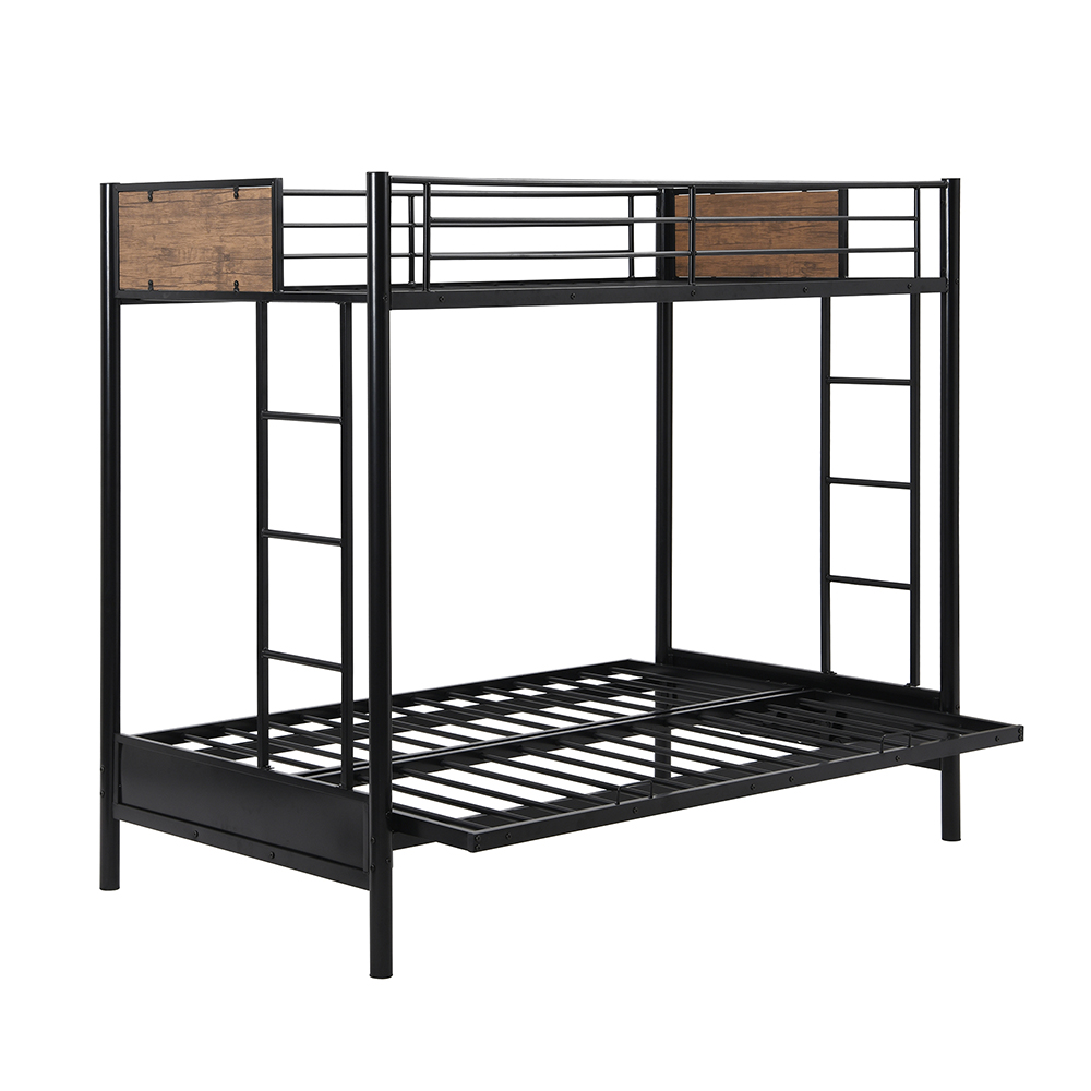 Twin-Over-Full Size Rustic Style Bunk Bed Frame with Ladder, and Metal Slats Support, No Spring Box Required (Frame Only) - Black