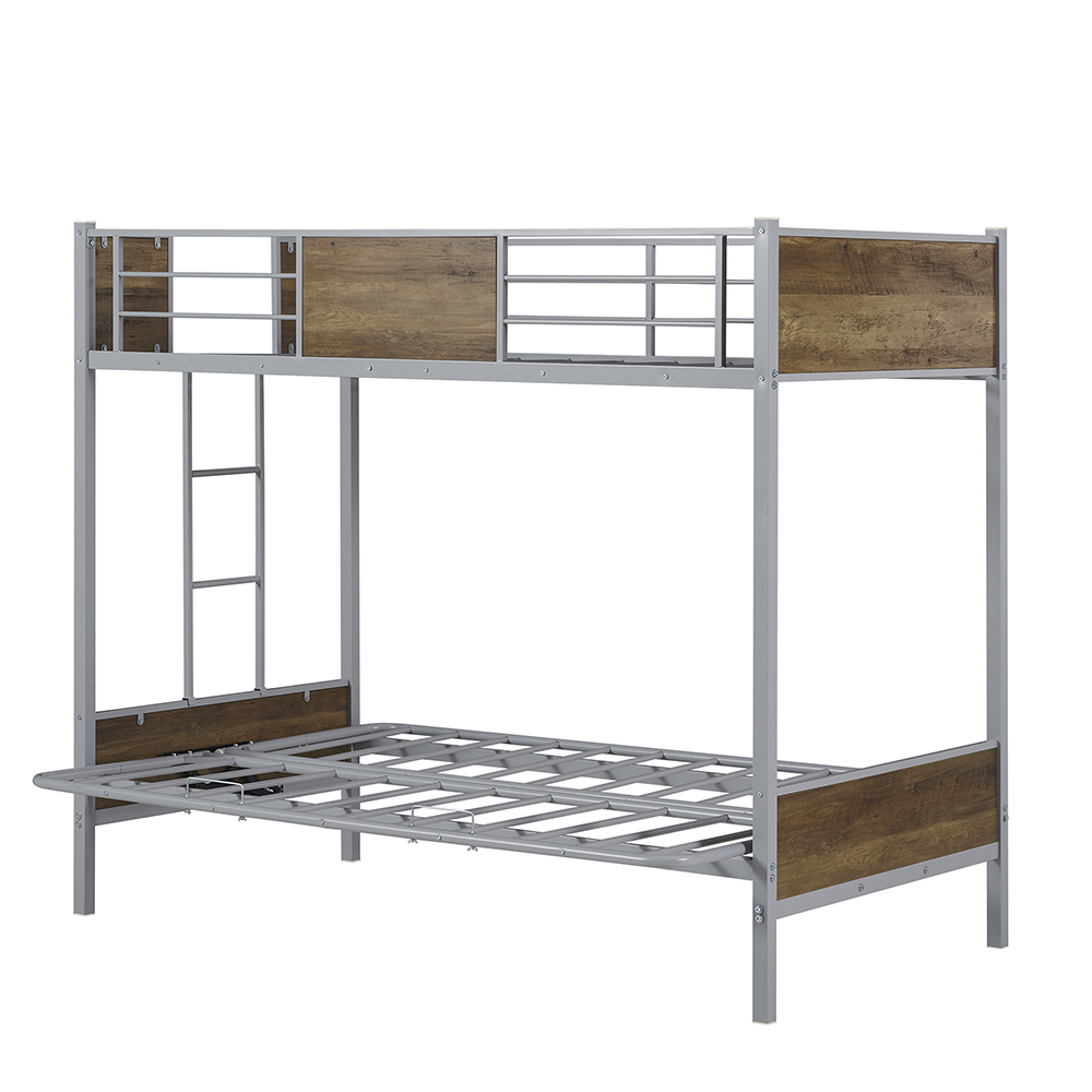 Twin-Over-Futon Size Bunk Bed Frame with Ladder, and Metal Slats Support, No Spring Box Required (Frame Only) - Gray