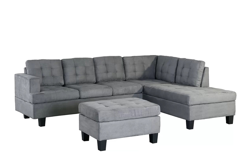 U-STYLE 5-Seat Microfiber Upholstered Sectional Sofa with Storage Ottoman and Wooden Frame, for Living Room, Bedroom, Office, Apartment - Gray