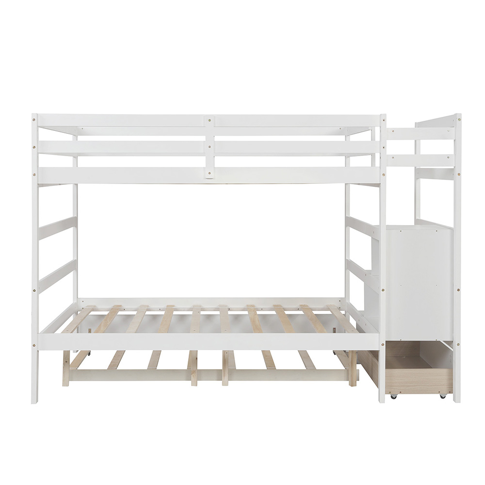 Full-Over-Full Size Wooden Bunk Bed Frame with Trundle Bed, and Storage Stairs, No Spring Box Required (Frame Only) - White