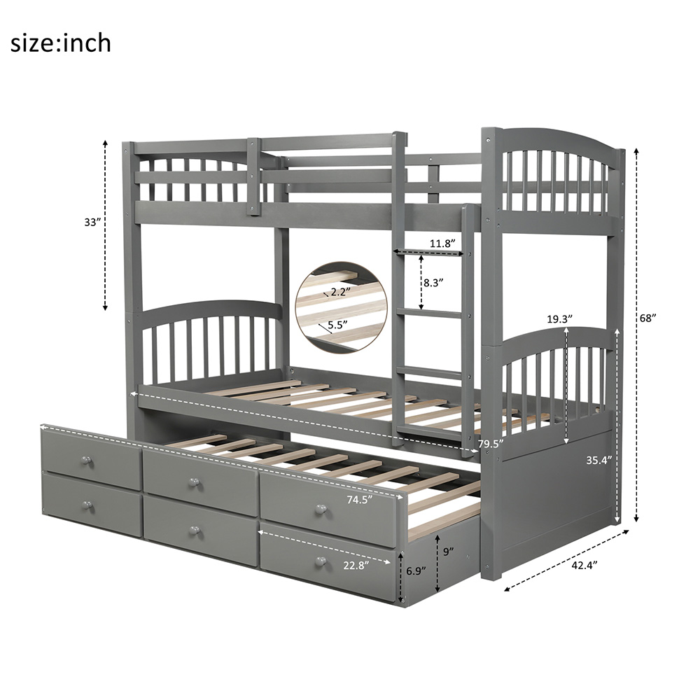 Twin-Over-Twin Size Bunk Bed Frame with Trundle Bed, and 3 Storage Drawers, No Spring Box Required (Frame Only) - Gray