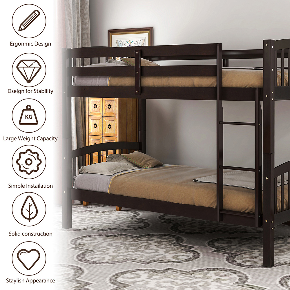 Twin-Over-Twin Size Bunk Bed Frame with Ladder, and Wooden Slats Support, No Spring Box Required (Frame Only) - Espresso