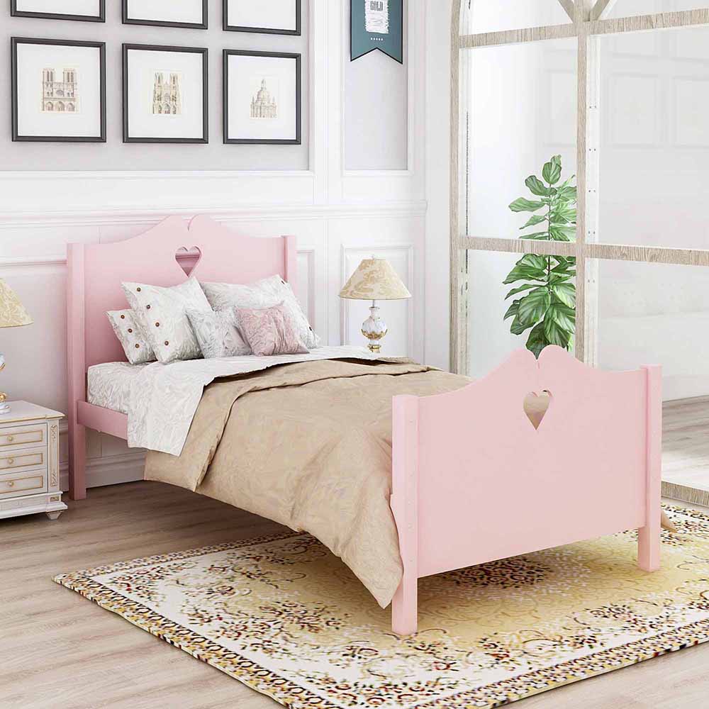 Twin Size Wooden Platform Bed Frame with Headboard, Footboard, and Wooden Slats Support, No Spring Box Required (Frame Only) - Pink