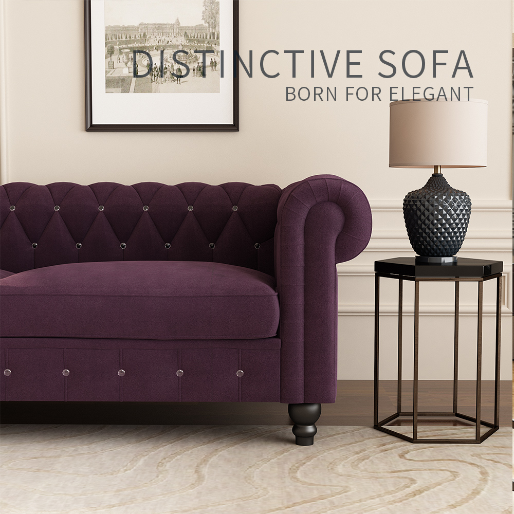80" 3-seat Velvet Upholstered Sofa with Wooden Legs, Armrests, and Backrest, for Living Room, Bedroom, Office, Apartment - Purple