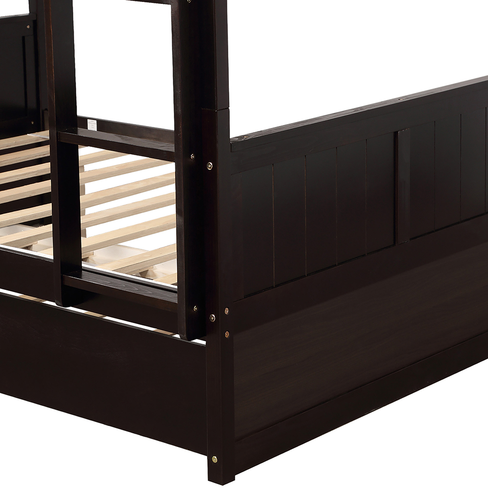 Full-Over-Full Size Bunk Bed Frame with Trundle Bed, and Wooden Slats Support, No Spring Box Required (Frame Only) - Espresso