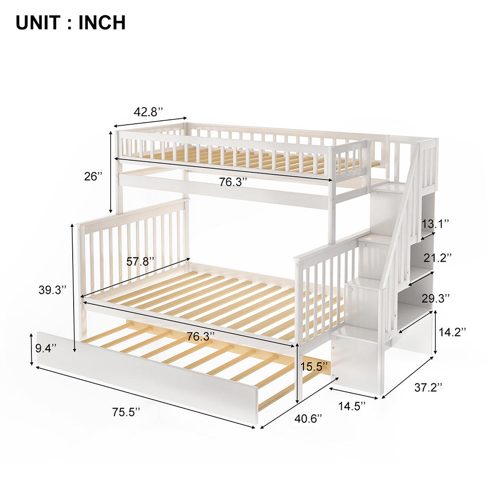 Twin-Over-Full Size Stairway Bunk Bed Frame with Trundle Bed, and Wooden Slats Support, No Spring Box Required (Frame Only) - White