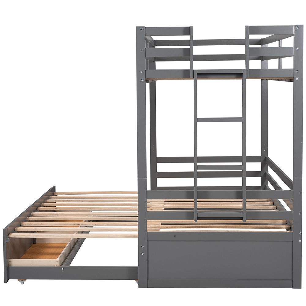 Twin-Over-Twin/Full/King Size Bunk Bed Frame with 2 Storage Drawers, and Wooden Slats Support, No Spring Box Required (Frame Only) - Gray