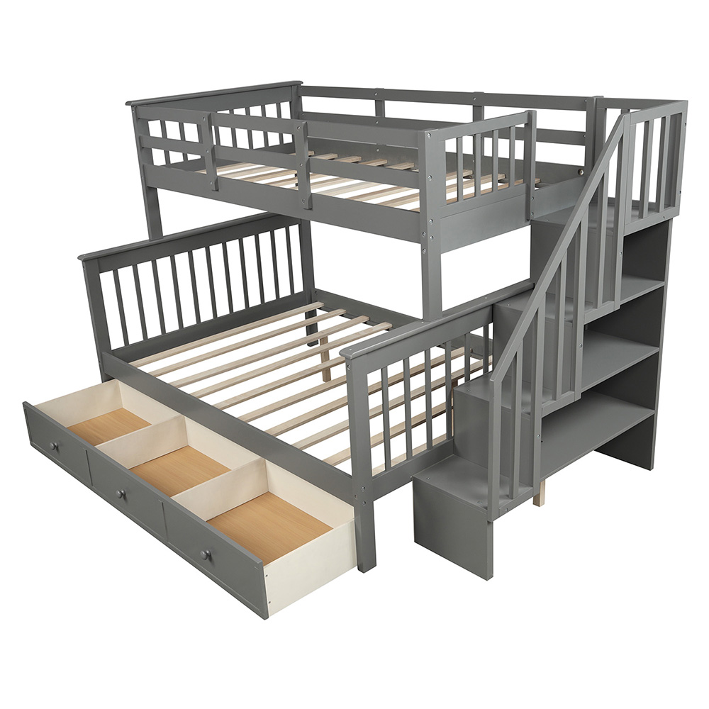 Twin-Over-Full Size Stairway Bunk Bed Frame with Trundle Bed, and Wooden Slats Support, No Spring Box Required (Frame Only) - Gray