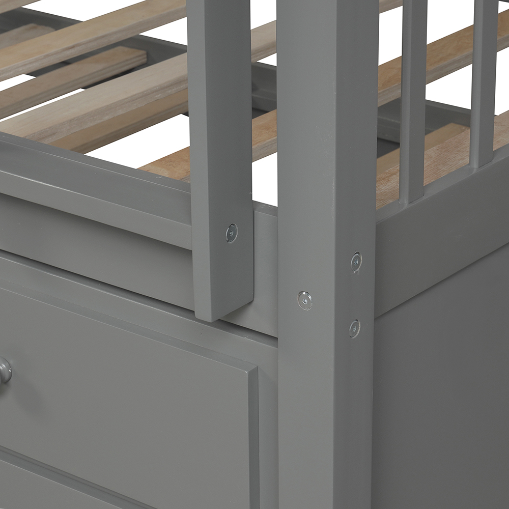 Twin-Over-Twin Size Bunk Bed Frame with Trundle Bed, and 3 Storage Drawers, No Spring Box Required (Frame Only) - Gray