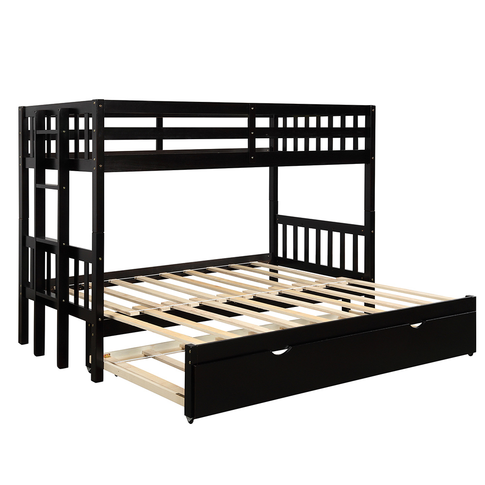 Twin-Over-Twin/King Size Bunk Bed Frame with Trundle Bed, and Wooden Slats Support, No Spring Box Required (Frame Only) - Espresso