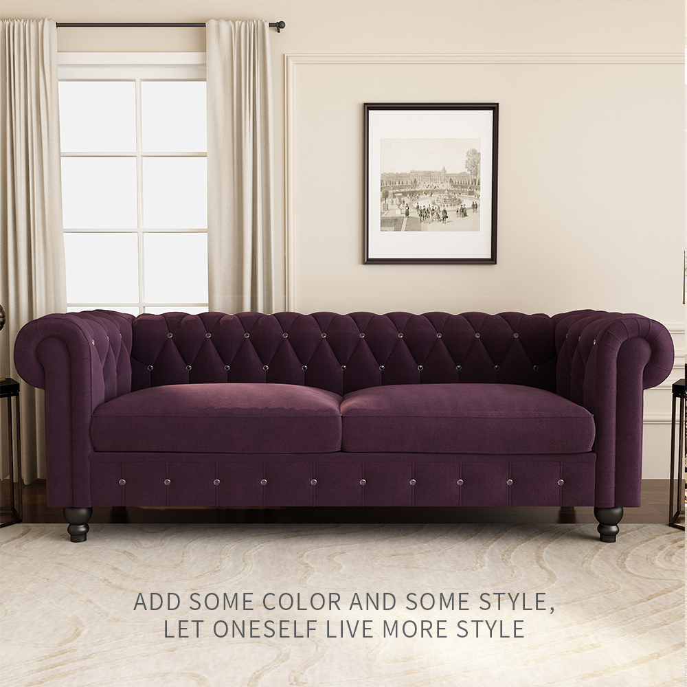 80" 3-seat Velvet Upholstered Sofa with Wooden Legs, Armrests, and Backrest, for Living Room, Bedroom, Office, Apartment - Purple