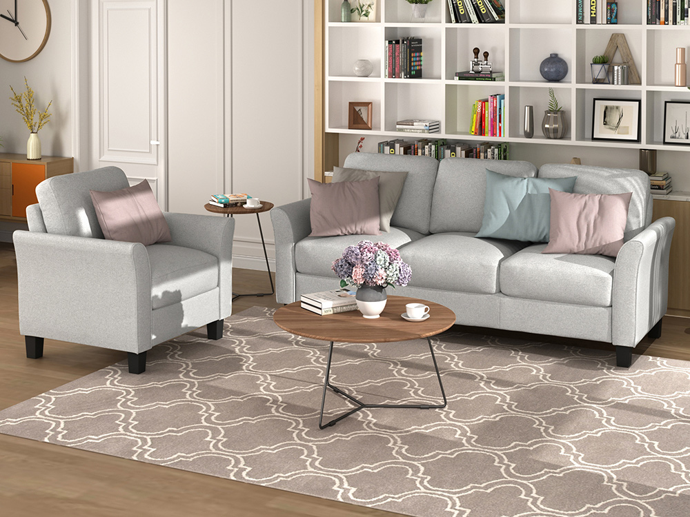 1+3-Seat Linen Upholstered Sofa with Wooden Frame, for Living Room, Bedroom, Office, Apartment - Light Gray