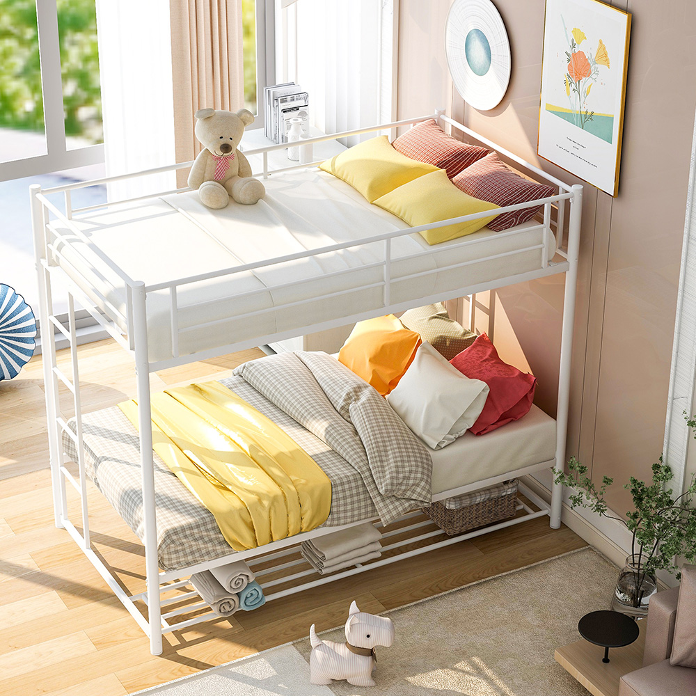 Twin-Over-Twin Size Metal Bunk Bed Frame with Ladder and Storage Bottom Shelf, No Spring Box Required (Frame Only) - White