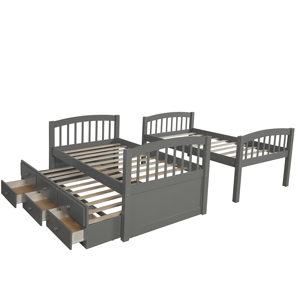 Twin-Over-Twin Size Bunk Bed Frame with Trundle Bed, and 3 Storage Drawers, No Spring Box Required (Frame Only) - Gray