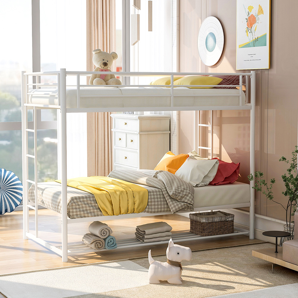 Twin-Over-Twin Size Metal Bunk Bed Frame with Ladder and Storage Bottom Shelf, No Spring Box Required (Frame Only) - White