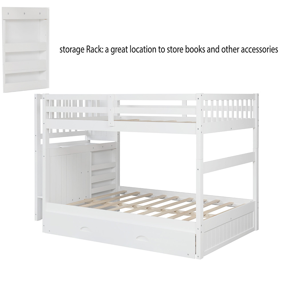 Full-Over-Full Size Bunk Bed Frame with Trundle Bed, Storage Stairs, and Wooden Slats Support, No Spring Box Required (Frame Only) - White