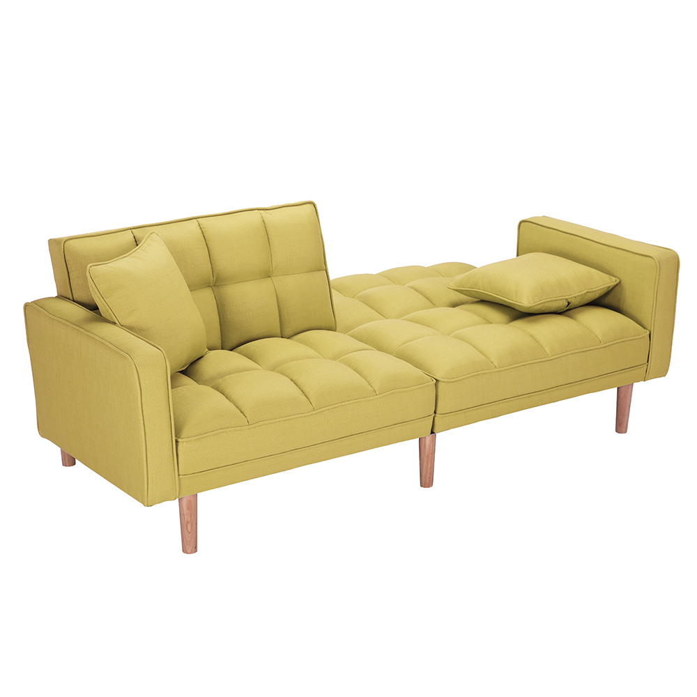 75" 2-Seat Linen Fabric Upholstered Sofa Bed, with Adjustable Backrest and Solid Wood Frame, for Living Room, Bedroom, Office, Apartment - Yellow