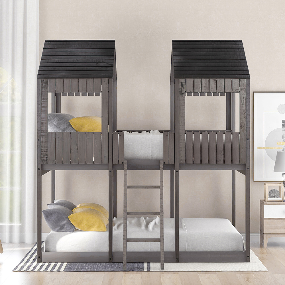 Full-Over-Full Size Bunk Bed Frame with Roof, and Wooden Slats Support, No Spring Box Required (Frame Only) - Antique Gray