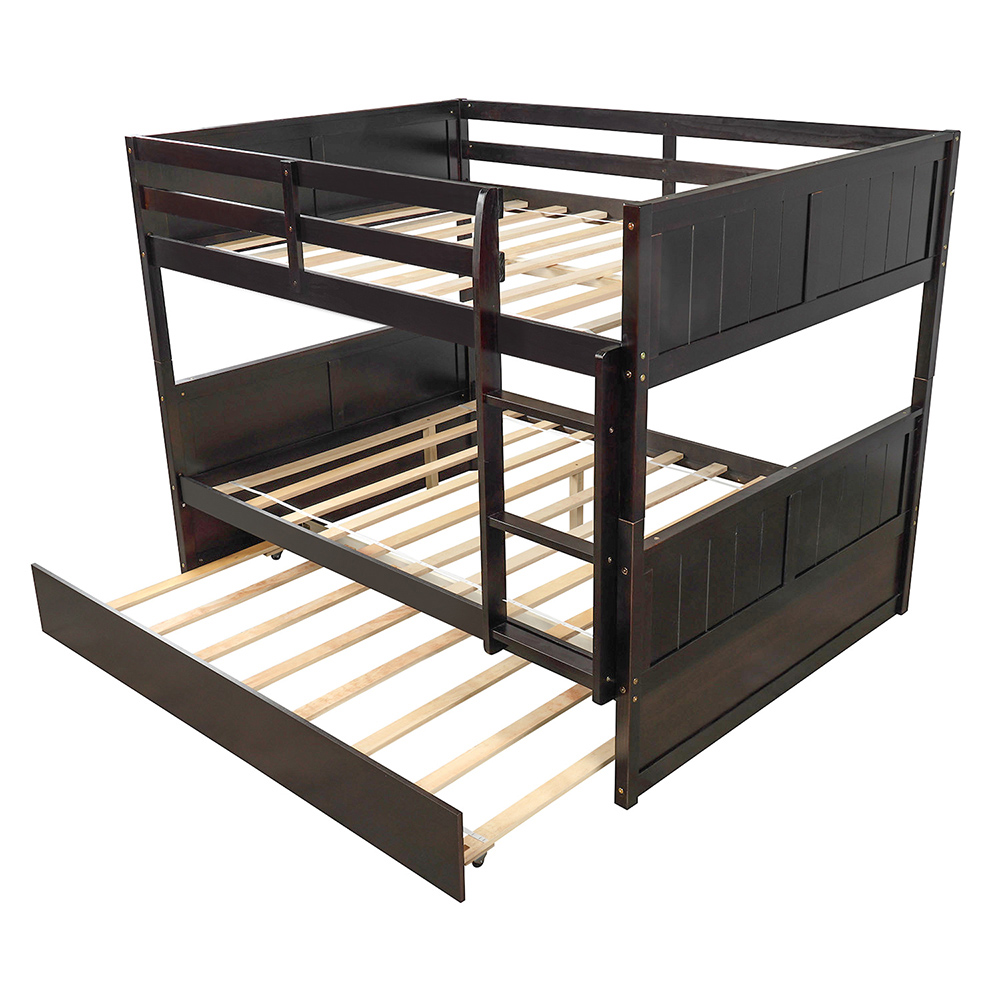 Full-Over-Full Size Bunk Bed Frame with Trundle Bed, and Wooden Slats Support, No Spring Box Required (Frame Only) - Espresso