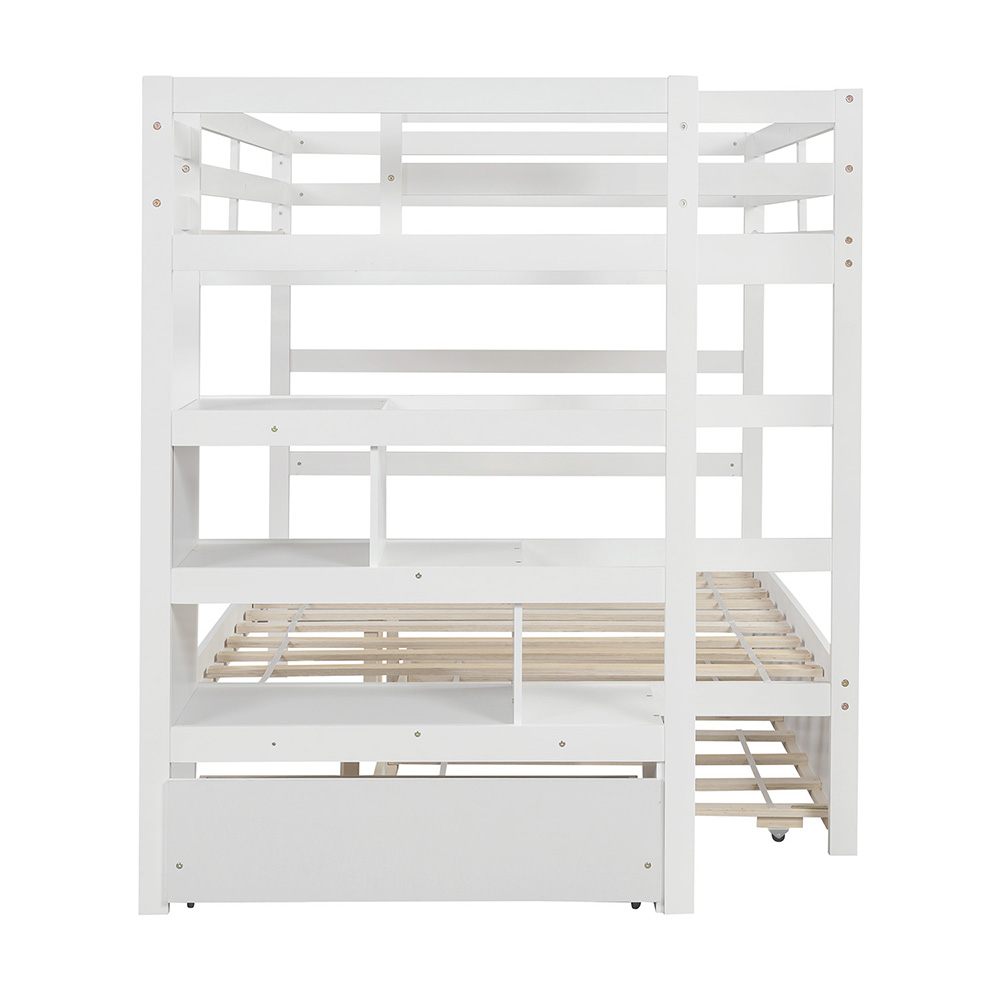 Full-Over-Full Size Wooden Bunk Bed Frame with Trundle Bed, and Storage Stairs, No Spring Box Required (Frame Only) - White