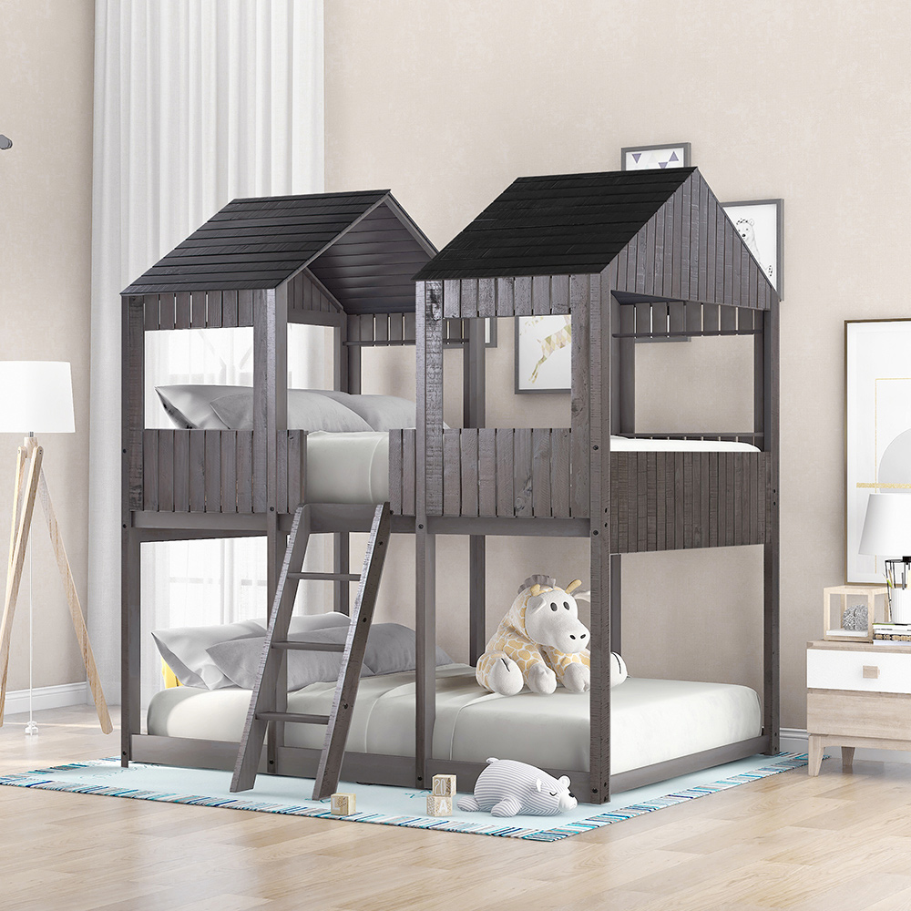 Full-Over-Full Size Bunk Bed Frame with Roof, and Wooden Slats Support, No Spring Box Required (Frame Only) - Antique Gray