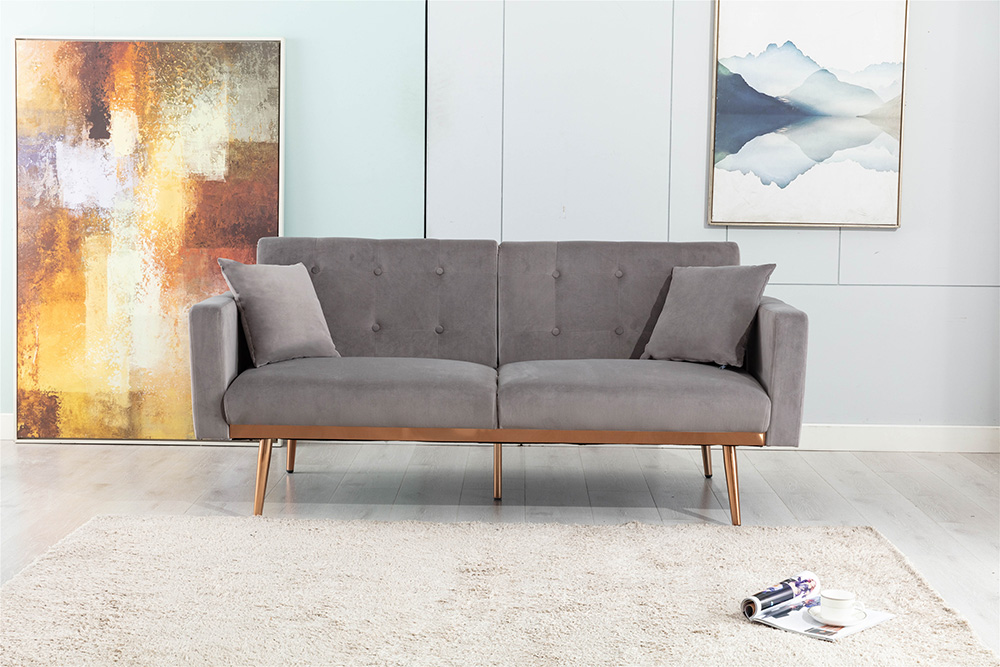 COOLMORE 2-Seat Velvet Upholstered Sofa Bed with Metal Feet, and Adjustable Backrest, for Living Room, Bedroom, Office, Apartment - Gray