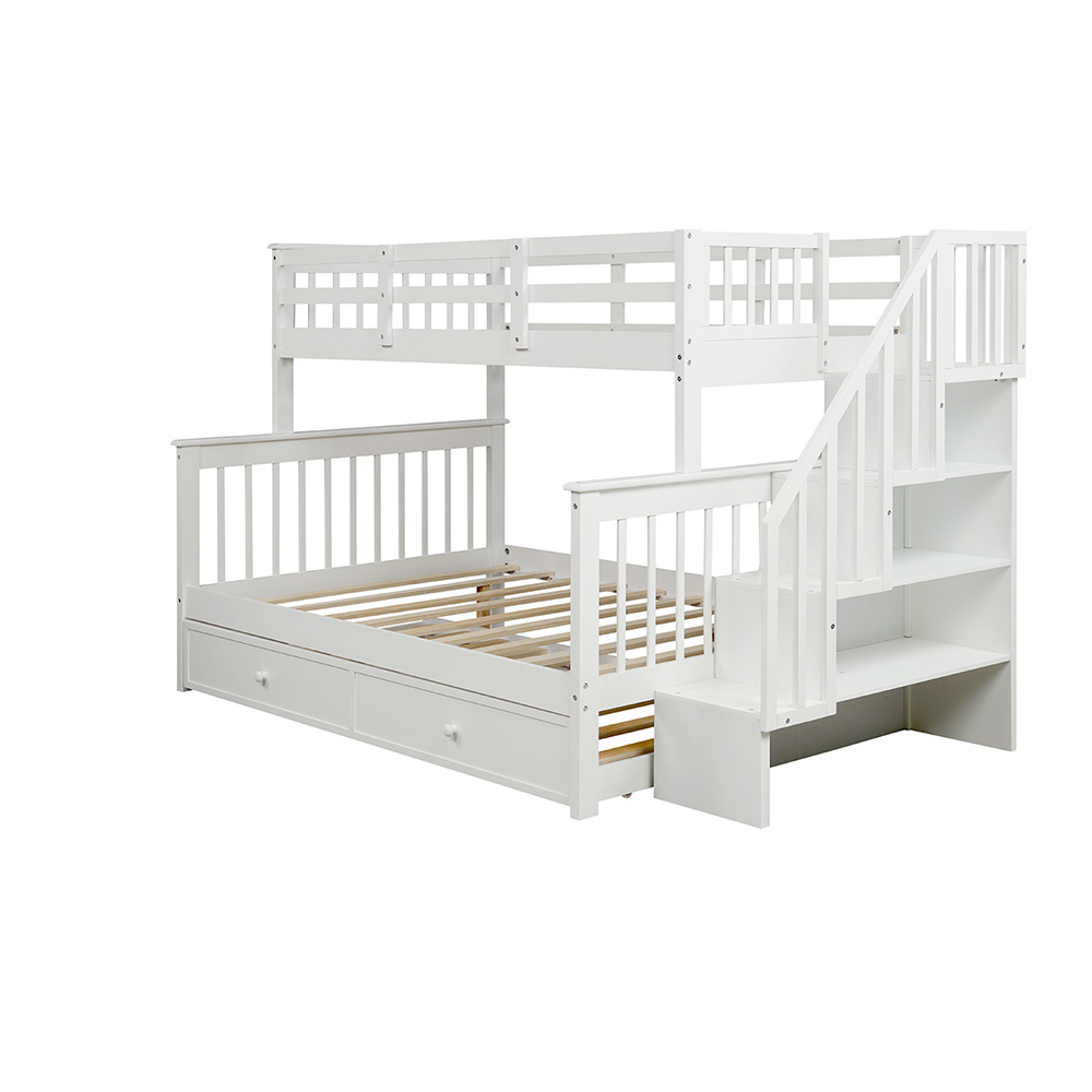 Twin-Over-Full Size Stairway Bunk Bed Frame with Trundle Bed, and Wooden Slats Support, No Spring Box Required (Frame Only) - White