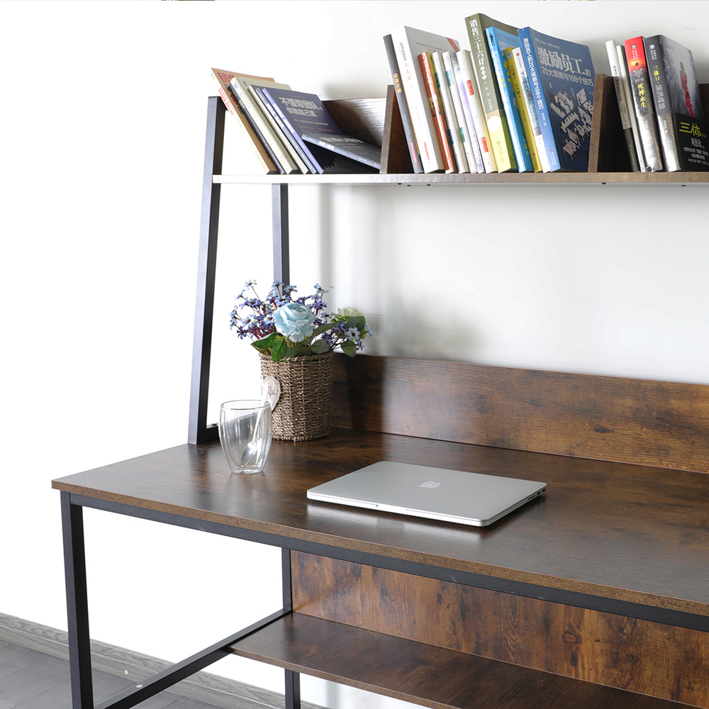 47" Home Office Computer Desk with Storage Shelves, Wooden Tabletop and Metal Legs - Walnut