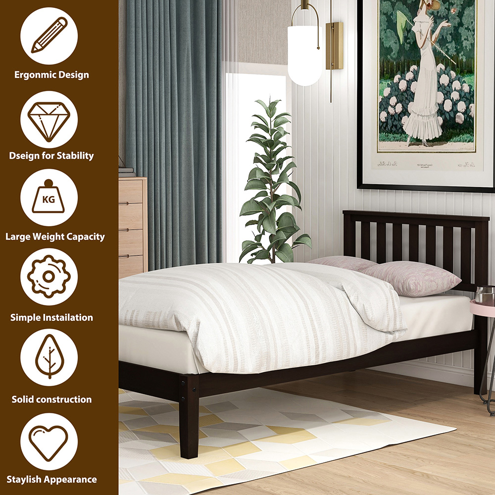 Twin Size Wooden Platform Bed Frame with Headboard, and Wooden Slats Support, No Spring Box Required (Frame Only) - Espresso
