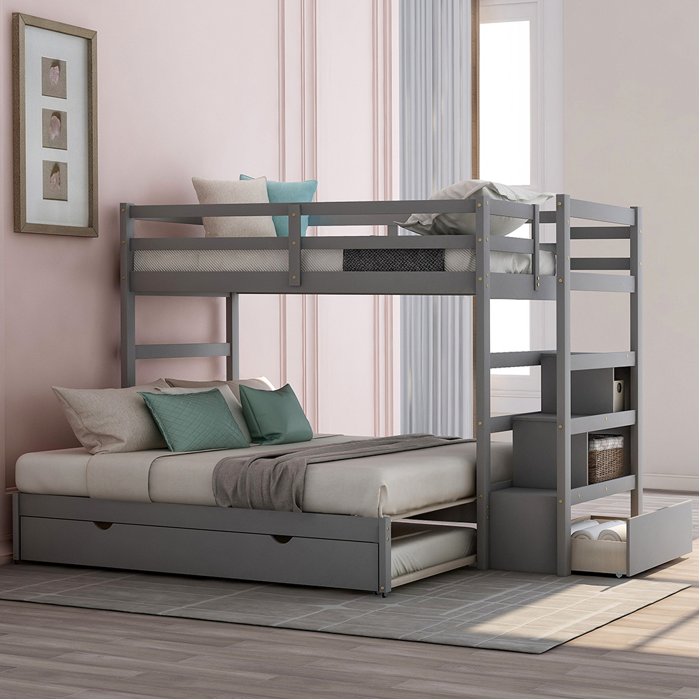 Twin-Over-Twin/King Size Wooden Bunk Bed Frame with Trundle Bed, and Storage Stairs, No Spring Box Required (Frame Only) - Gray