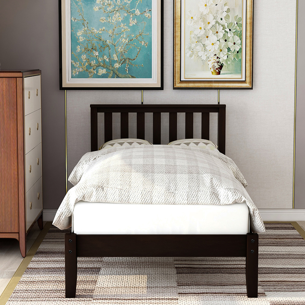 Twin Size Wooden Platform Bed Frame with Headboard, and Wooden Slats Support, No Spring Box Required (Frame Only) - Espresso