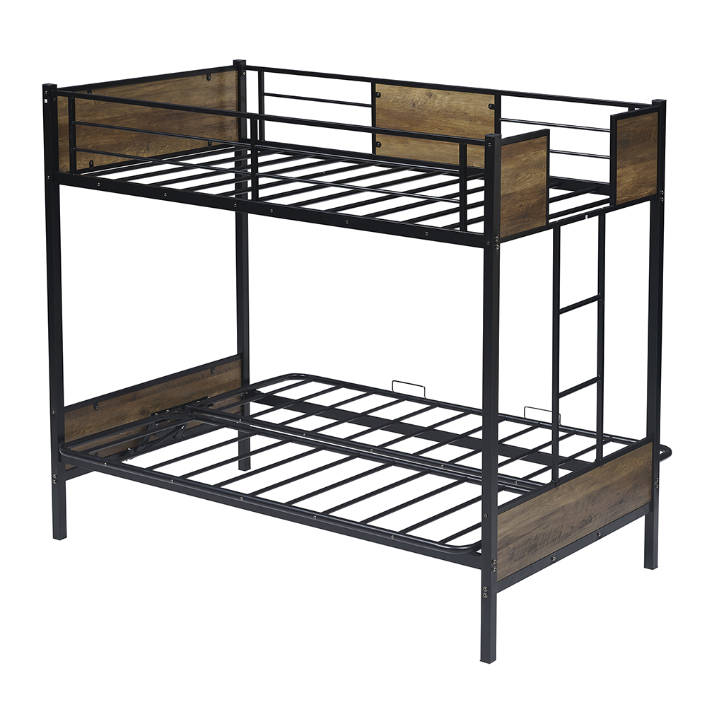 Twin-Over-Futon Size Bunk Bed Frame with Ladder, and Metal Slats Support, No Spring Box Required (Frame Only) - Black